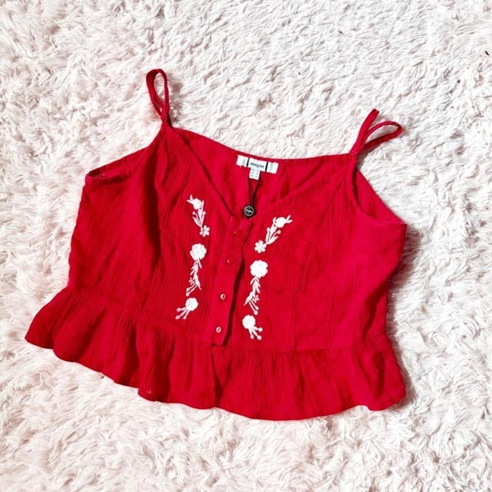 Red Embroidered Floral Boho Indie Button Down Peplum Womens S Earthy Bold Hippie